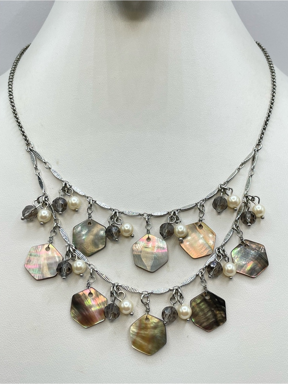 Lia Sophia Silver Tone Mother of Pearl Charm Statement Necklace